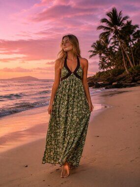 vtg 90s y2k Mossimo Target Boho green floral halter cotton maxi dress